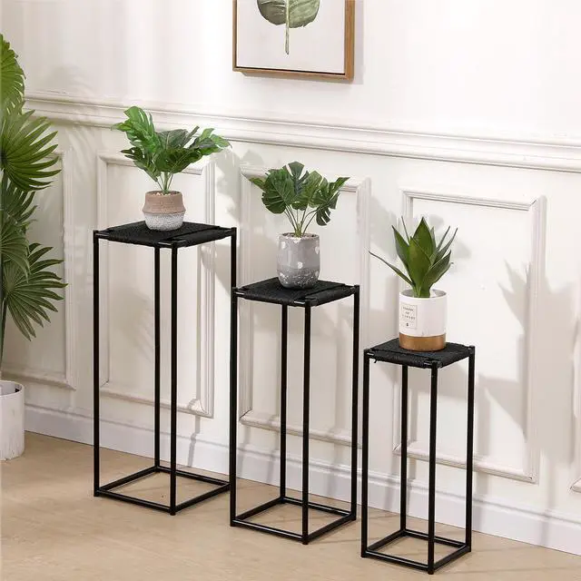 Alt view image 6 of 7 - 3 Sizes Plant Stand Holder Paper Cord Flower Stand Rattan Woven Floor-Standing Flower Pots Corner Handmade Planter Stand Rack for Bedroom Balcony Kitchen Display Show,Grey Black