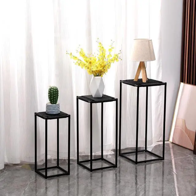 Alt view image 7 of 7 - 3 Sizes Plant Stand Holder Paper Cord Flower Stand Rattan Woven Floor-Standing Flower Pots Corner Handmade Planter Stand Rack for Bedroom Balcony Kitchen Display Show,Grey Black