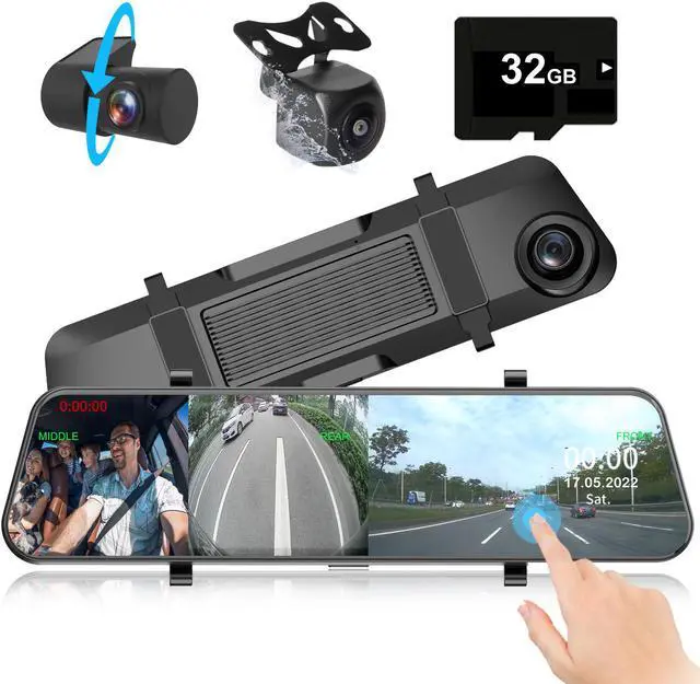 Main image of 3 Channel Mirror Dash Cam, 12" 1080P Triple Rear View Mirror Dash Cam Front Inside Rear with G-Sensor Parking Assistance Night Vision, with 32GB Card, Waterproof Backup Camera for Car by INSEETECH