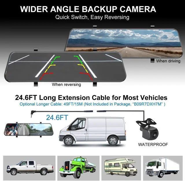 Alt view image 6 of 6 - 3 Channel Mirror Dash Cam, 12" 1080P Triple Rear View Mirror Dash Cam Front Inside Rear with G-Sensor Parking Assistance Night Vision, with 32GB Card, Waterproof Backup Camera for Car by INSEETECH