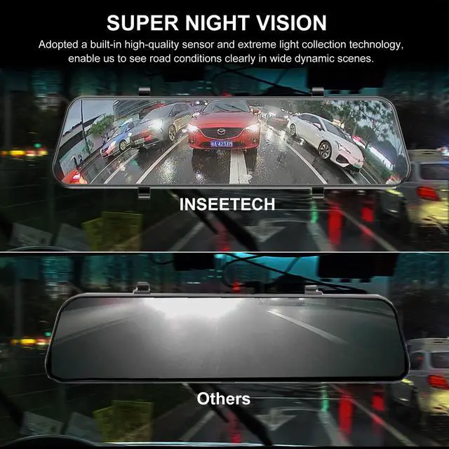 Alt view image 4 of 6 - 3 Channel Mirror Dash Cam, 12" 1080P Triple Rear View Mirror Dash Cam Front Inside Rear with G-Sensor Parking Assistance Night Vision, with 32GB Card, Waterproof Backup Camera for Car by INSEETECH