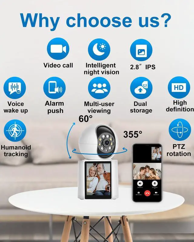 Alt view image 2 of 7 - INSEETECH 2K Two-Way Video Calling Indoor Camera with 2.8-Inch IPS Screen, Baby/Elder/Dog/Pet Camera with Phone App, Smart Voice & One-Button Call, Human/Sound/Crying Detection, Color /IR Night Vision