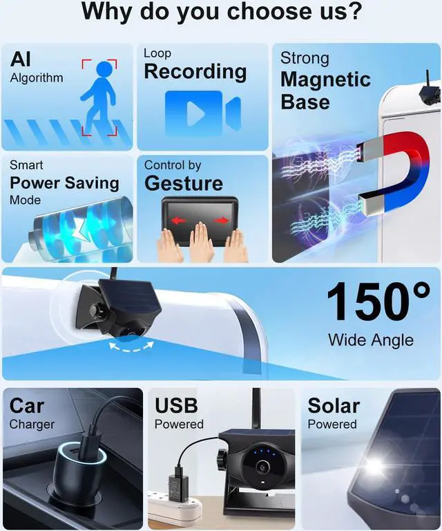 Alt view image 2 of 7 - INSEETECH AI System 1080P Wireless Backup Camera Solar Magnetic with 5" Recording Monitor, Human & Vehicle Detection, 365 Day Standby, Gesture Control,3 Mins DIY Install for Trailer Horse Truck RV