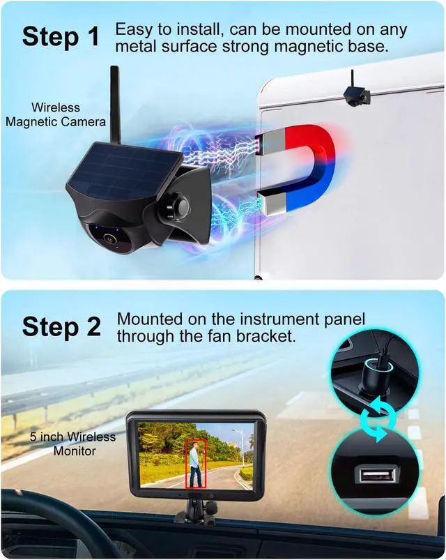 Alt view image 4 of 7 - INSEETECH AI System 1080P Wireless Backup Camera Solar Magnetic with 5" Recording Monitor, Human & Vehicle Detection, 365 Day Standby, Gesture Control,3 Mins DIY Install for Trailer Horse Truck RV