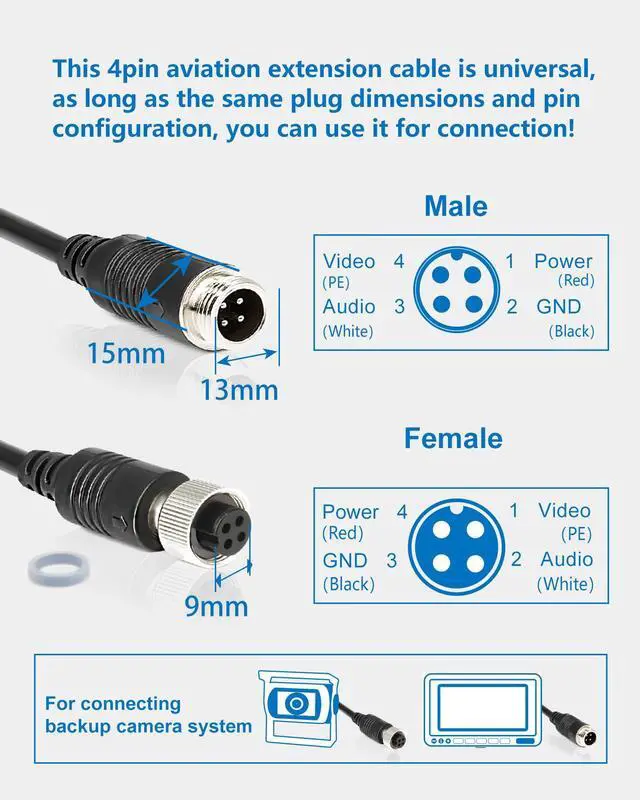 Alt view image 2 of 7 - INSEETECH 4 Pin Camera Extension Cable for Backup Camera, Aviation Extension - Waterproof Video Power Cord for RV Truck Trailer Bus - Shielded Pure Copper Wire Rear View System CCTV Monitor (10FT/3M)