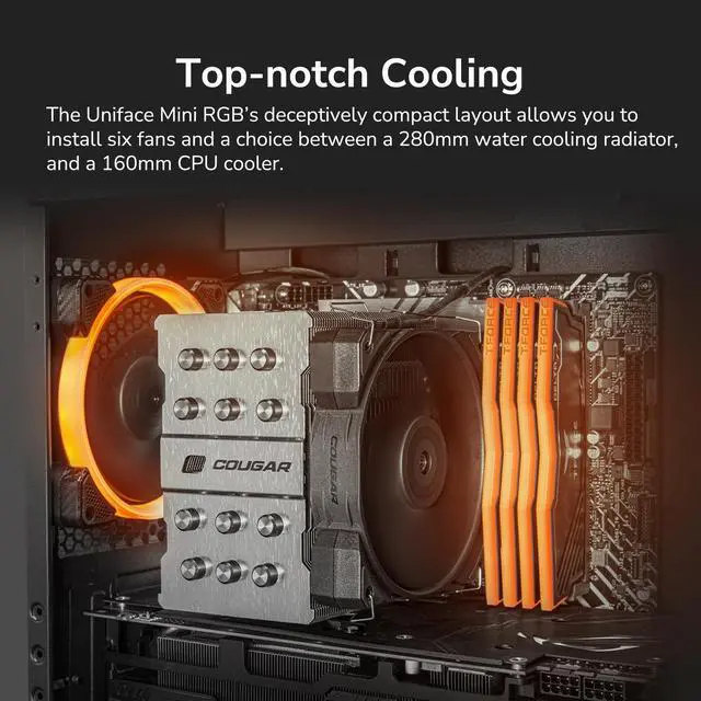 Alt view image 4 of 7 - COUGAR UNIFACE Mini RGB Case, Max. 340mm GPU Length, Max. 280mm Liquid Cooling & Max.160mm CPU Cooler, pre -Installed Fan x 3 pcs, Support Upto 6 Fans, Perforated Front Panel (Black)