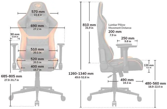 Alt view image 7 of 7 - COUGAR Armor One V2 Gold F - Gaming Chair - 4D folding Armrests - High-back Structure - Lumbar & Head Pillow - Back pocket, Woven Fabric/Black