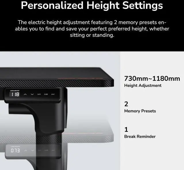 Alt view image 3 of 7 - COUGAR E-Grav 160 Adjustable Electric Gaming Desk - 2 Memory Presets - Dual Motors - Cable Management - Full Desk Mousepad - 63", Black/160