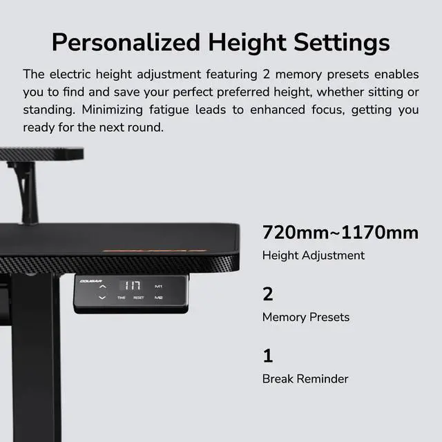 Alt view image 4 of 7 - COUGAR E-Star 140 Adjustable Electric Gaming Desk - 2 Memory Presets - Monitor Stand - Cable Management - Full Desk Mousepad - 55", Black/140