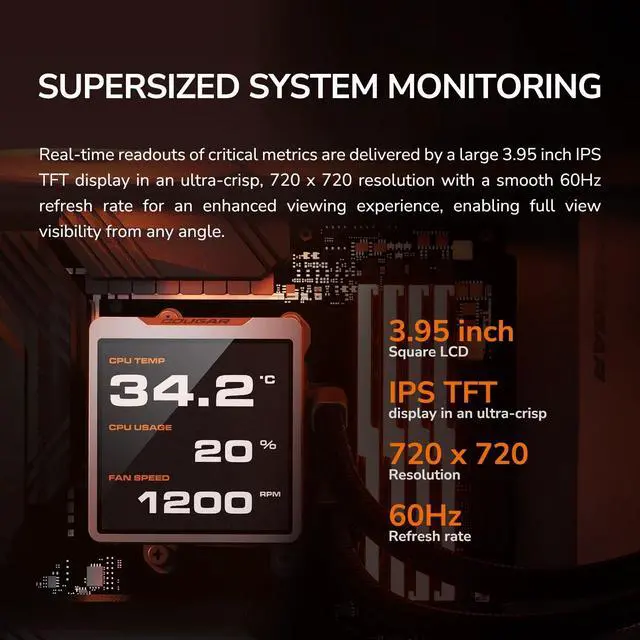 Alt view image 2 of 7 - COUGAR CPU Liquid Cooler Poseidon Vistek Series, High-Definition, Real-Time System Monitoring, LCD Digital Display, AMD AM5, Intel LGA 1851 (Black, Vistek Pro 360)