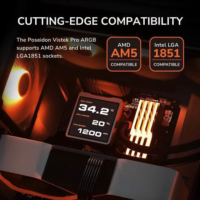 Alt view image 6 of 7 - COUGAR CPU Liquid Cooler Poseidon Vistek Series, High-Definition, Real-Time System Monitoring, LCD Digital Display, AMD AM5, Intel LGA 1851 (Black, Vistek Pro 360)