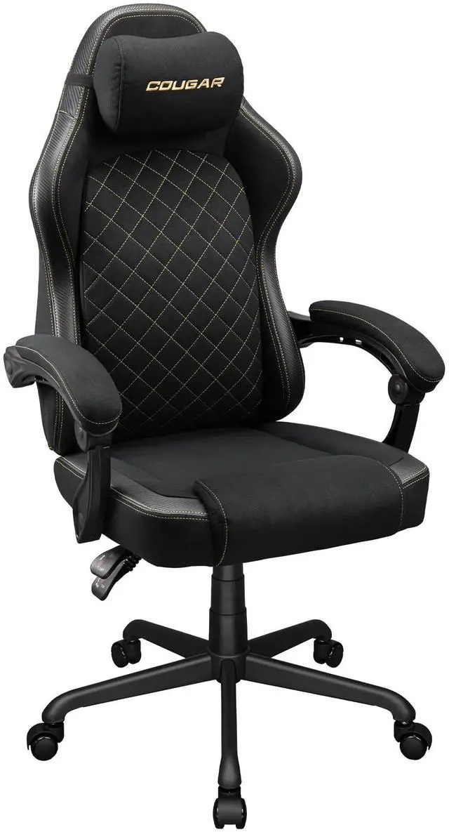 Alt view image 2 of 7 - COUGAR Fusion EX Gold F Chair - Suede-like Fabric with Integrated Lumbar Support, Head Pillow Included, Linkage Armrests Sync with Backrest, Mute Wheels