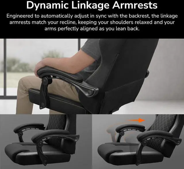 Alt view image 5 of 7 - COUGAR Fusion EX Gold F Chair - Suede-like Fabric with Integrated Lumbar Support, Head Pillow Included, Linkage Armrests Sync with Backrest, Mute Wheels