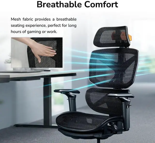 Alt view image 4 of 7 - COUGAR Terminator Air Ergonomic Chair - High Back Mesh Office Chair with Adaptive Lumbar Support, 3D Super-Wide Headrest, 3D Armrests, Weight-Balanced Tilt and Silent Casters