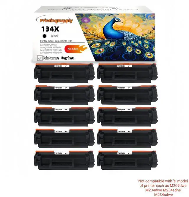 Main image of 10 Pack 134X Compatible Toner Cartridge Replacement for HP 134X W1340X *No Chip* Black, High-Yield Print, Works with HP LaserJet M209dw MFP M234dw M234sdn M234sdw