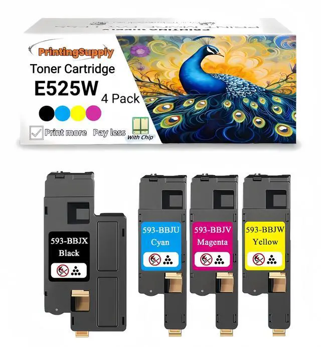 Main image of 4 PK E525W BKCMY Toner Cartridge Compatible for Dell 593-BBJX 593-BBJU 593-BBJV 593-BBJW E525W E525 525