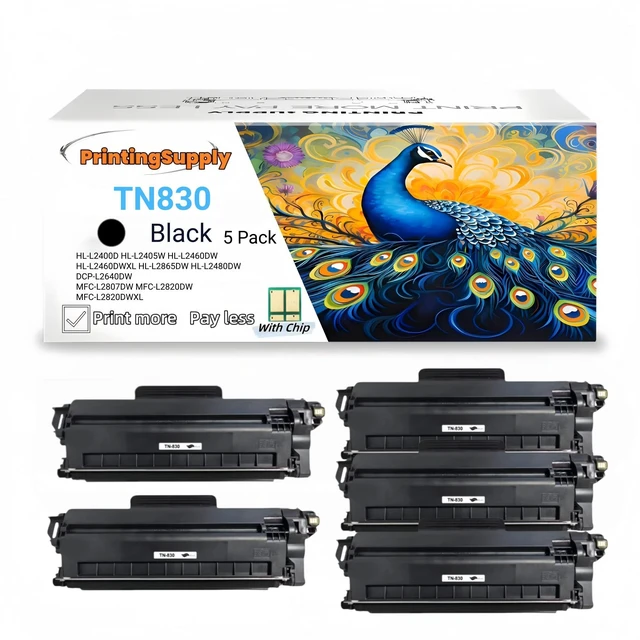 Main image of 5 Pack TN-830 Black Toner Cartridge Compatible for Brother TN830 Fits for Brother HL-L2400D HL-L2405W HL-L2460DW HL-L2460DWXL HL-L2865DW MFC-L2820DW MFC-L2820DWXL DCP-L2640DW 1,200 Pages