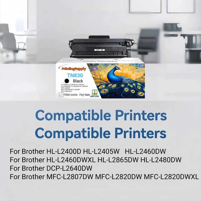 Alt view image 2 of 7 - 5 Pack TN-830 Black Toner Cartridge Compatible for Brother TN830 Fits for Brother HL-L2400D HL-L2405W HL-L2460DW HL-L2460DWXL HL-L2865DW MFC-L2820DW MFC-L2820DWXL DCP-L2640DW 1,200 Pages