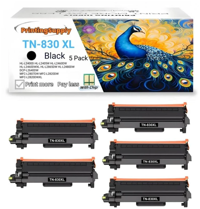 Main image of 5 Pack High Yield TN-830 XL Black Toner Cartridge Compatible for Brother TN830 XL Fits for Brother HL-L2400D HL-L2405W HL-L2460DW HL-L2460DWXL HL-L2865DW MFC-L2820DW MFC-L2820DWXL DCPL2640 3,000 Pages