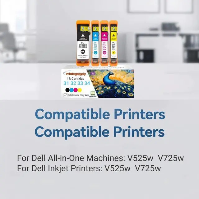 Alt view image 2 of 7 - Compatible Dell 31 32 33 34 BCMY Ink Cartridge Work for Dell 31 32 33 34 V525w V725w Printer Black 600 Pages Color 400 Pages