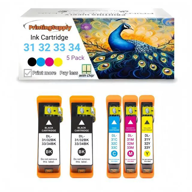 Main image of Compatible Dell 31 32 33 34 BCMY Ink Cartridge Work for Dell 31 32 33 34 V525w V725w Printer Black 600 Pages Color 400 Pages 5 Pack 2BK+CMY