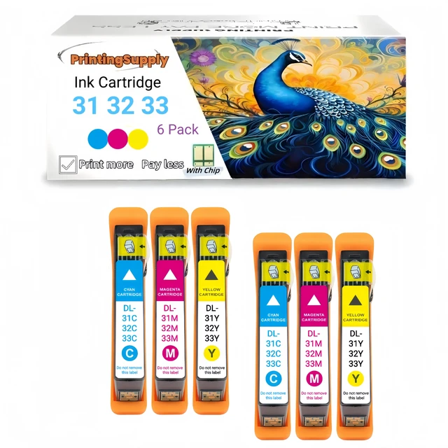 Main image of Compatible Dell 31 32 33 34 BCMY Ink Cartridge Work for Dell 31 32 33 34 V525w V725w Printer Black 600 Pages Color 400 Pages 6 Pack 2C+2M+2Y
