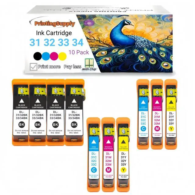 Main image of Compatible Dell 31 32 33 34 BCMY Ink Cartridge Work for Dell 31 32 33 34 V525w V725w Printer Black 600 Pages Color 400 Pages 10 Pack 4B+2C+2M+2Y
