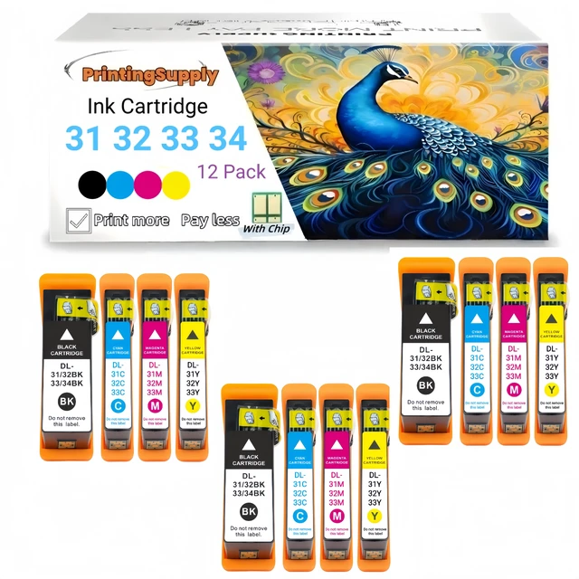 Main image of Compatible Dell 31 32 33 34 BCMY Ink Cartridge Work for Dell 31 32 33 34 V525w V725w Printer Black 600 Pages Color 400 Pages 12 Pack 3B+3C+3M+3Y