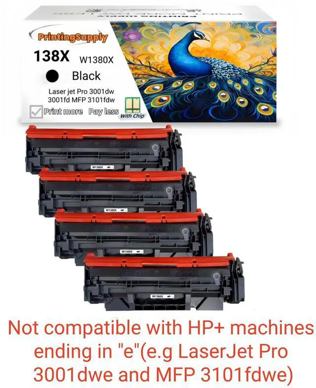 Main image of 4 Pack 138X W1380X High Yield Black Toner Cartridge Compatible for HP 138X Laser jet Pro 3001dw Laser jet Pro 3001fdw Laser jet Pro MFP 3101fdw With Chip