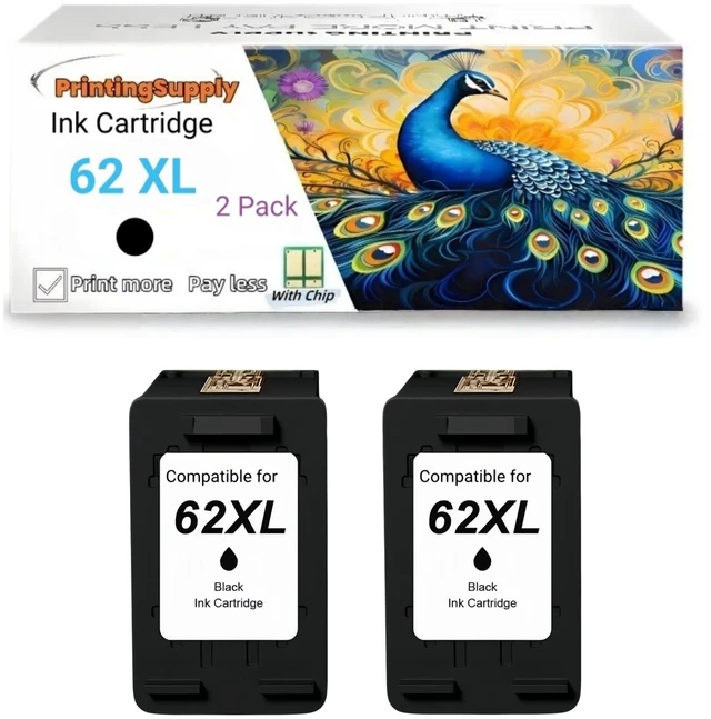 Main image of 62XL 2P Black Ink Cartridge Compatible for HP 62 XL Compatible with HP Envy 5540 5541 5542 5543 5544 5545 5547 5548 5549 5640 5642 5643 5644 5646 5660 5661 5663 5664 5665 7640 7643 7644 7645 8000 8005