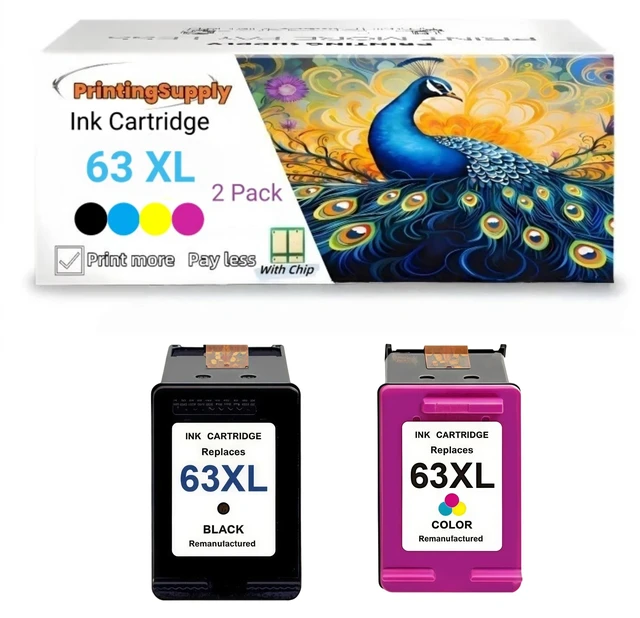 Main image of 63XL 2P Bk&Tri-C Ink Cartridge Compatible for HP 63 XL Compatible with HP OfficeJet 3830 3831 3832 3833 3834 4650 4652 4654 4655 5200 5255 5258 5260 4510 4511 4512 4513 4516 4520 4522 4524 4525 4526