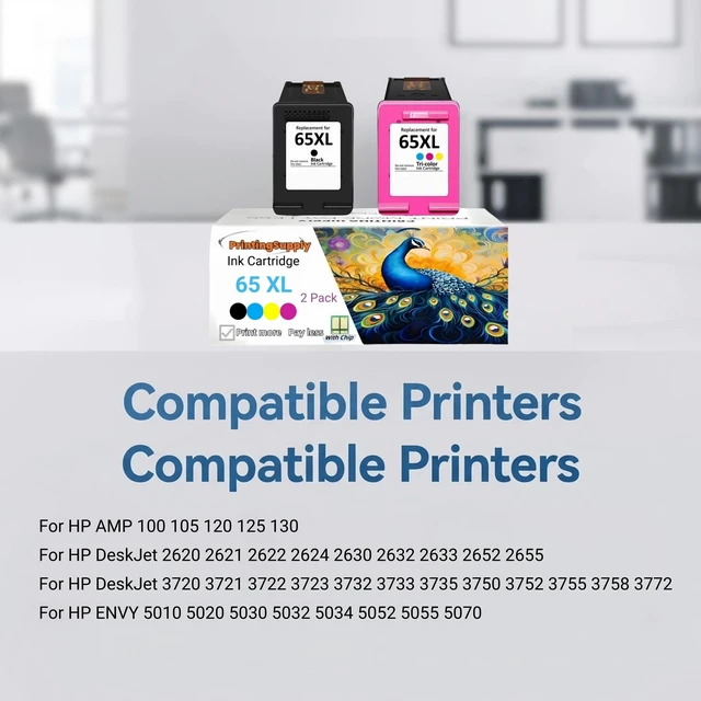 Alt view image 2 of 7 - 65XL 2P Black Ink Cartridge Compatible for HP 65 XL Compatible with HP AMP 100 105 120 125 1302620 2621 2622 2624 2630 2632 2633 2652 2655 DeskJet 3720 3721 3722 3723 3732 3735 3750 3752 3755