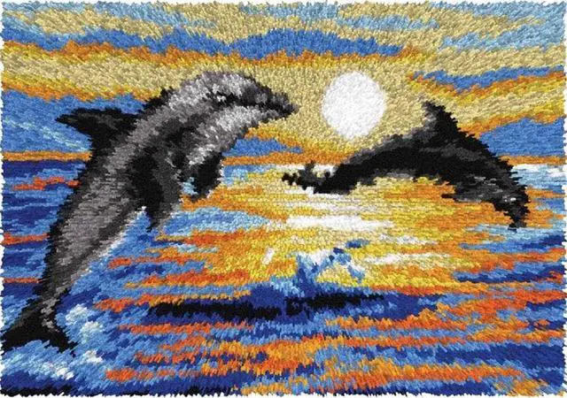 Main image of Dolphins at Sunrise | Rug Making Latch Hooking Kit (52x38cm print canvas)