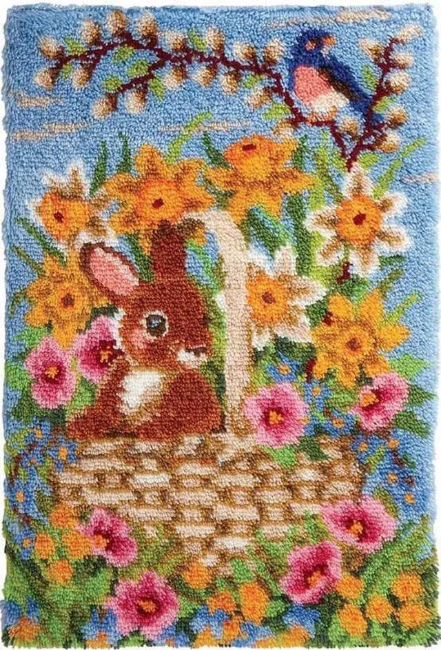 Main image of Rabbit in Basket | Rug Making Latch Hooking Kit (52x38cm print canvas)