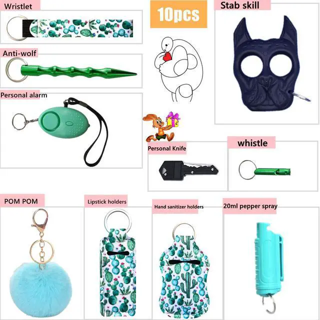 Alt view image 2 of 7 - Self Defense Keychain Set With Safe Sound Personal Alarm, Hand sanitizer holders Safety Keychain Set for Women, Girls - Portable Self Protection Key Chain Defense Green