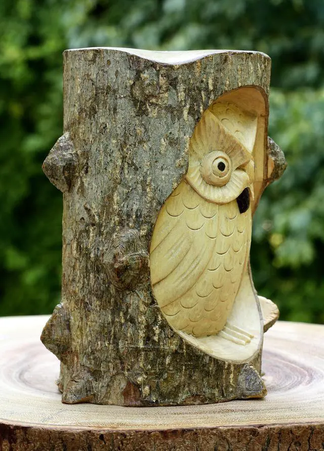 Alt view image 2 of 4 - Unique Handmade Wooden Owl from Crocodile Wood Statue Figurine Hoot Sculpture Art Rustic Home Decor Accent Handcrafted Decoration