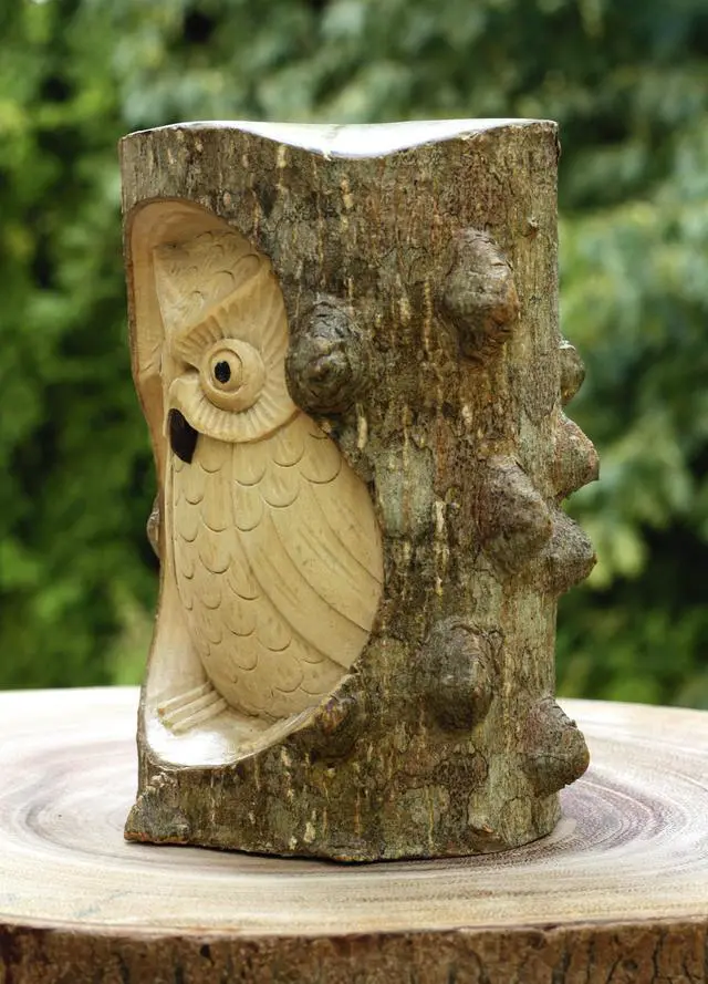 Alt view image 3 of 4 - Unique Handmade Wooden Owl from Crocodile Wood Statue Figurine Hoot Sculpture Art Rustic Home Decor Accent Handcrafted Decoration