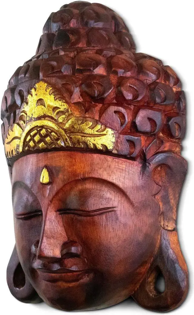 Alt view image 2 of 3 - G6 COLLECTION Wooden Wall Mask Serene Brown Buddha Head Statue Hand Carved Sculpture Handmade Figurine Gift Home Decor Accent Handcrafted Wall Hanging Decoration