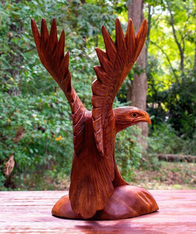 Alt view image 2 of 4 - G6 COLLECTION Large 16" Hand Carved Flying Wooden Eagle Statue Figurine Handmade Sculpture Art Decorative Home Decor Accent Handcrafted Decoration Us Soaring Eagle