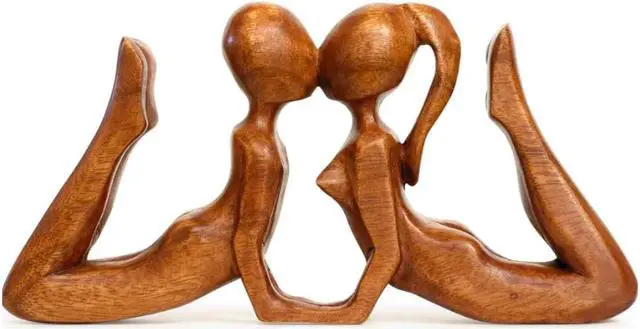 Main image of G6 COLLECTION 12" Wooden Handmade Abstract Sculpture Statue Handcrafted - First Kiss - Gift Art Decorative Home Decor Figurine Accent Decoration Artwork Hand Carved