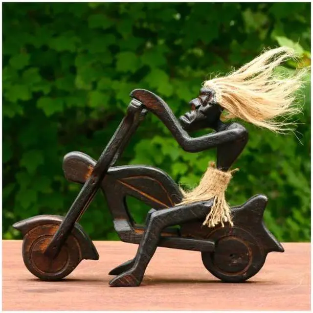 Alt view image 3 of 4 - G6 COLLECTION Handmade Wooden Single Primitive Tribal Riding Harley Davidson Statue Motorcycle Sculpture Tiki Bar Unique Gift Wood Home Decor Figurine Hand Carved