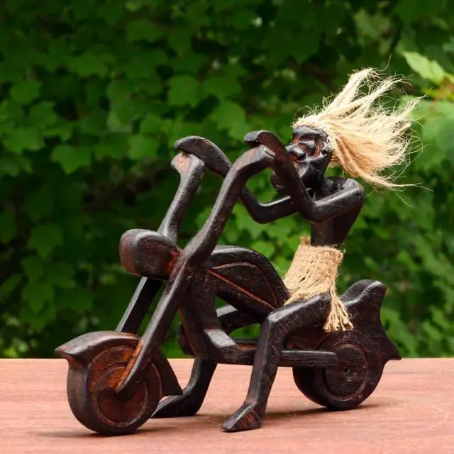 Alt view image 2 of 4 - G6 COLLECTION Handmade Wooden Single Primitive Tribal Riding Harley Davidson Statue Motorcycle Sculpture Tiki Bar Unique Gift Wood Home Decor Figurine Hand Carved