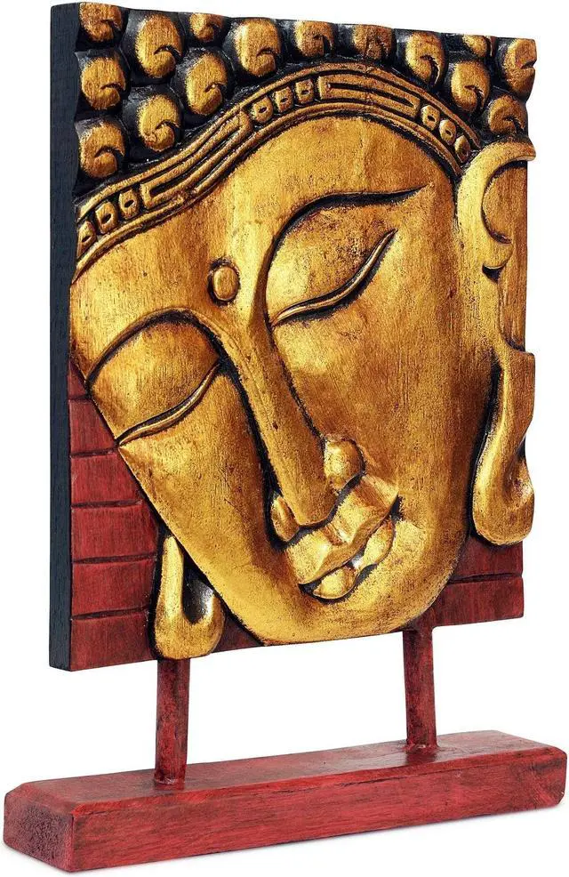Alt view image 2 of 3 - G6 COLLECTION 15" Wooden Serene Buddha Head Plaque Gold Statue Handmade Meditating Sculpture Figurine Decorative Home Decor Accent Handcrafted Art Oriental