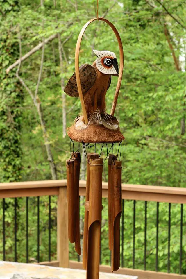 Alt view image 4 of 4 - G6 COLLECTION Handmade Wooden Standing Owl Bamboo Wind Chime Wood Statue Figurine Hoot Sculpture Art Rustic Patio Garden Outdoor Decor Handcrafted Decoration