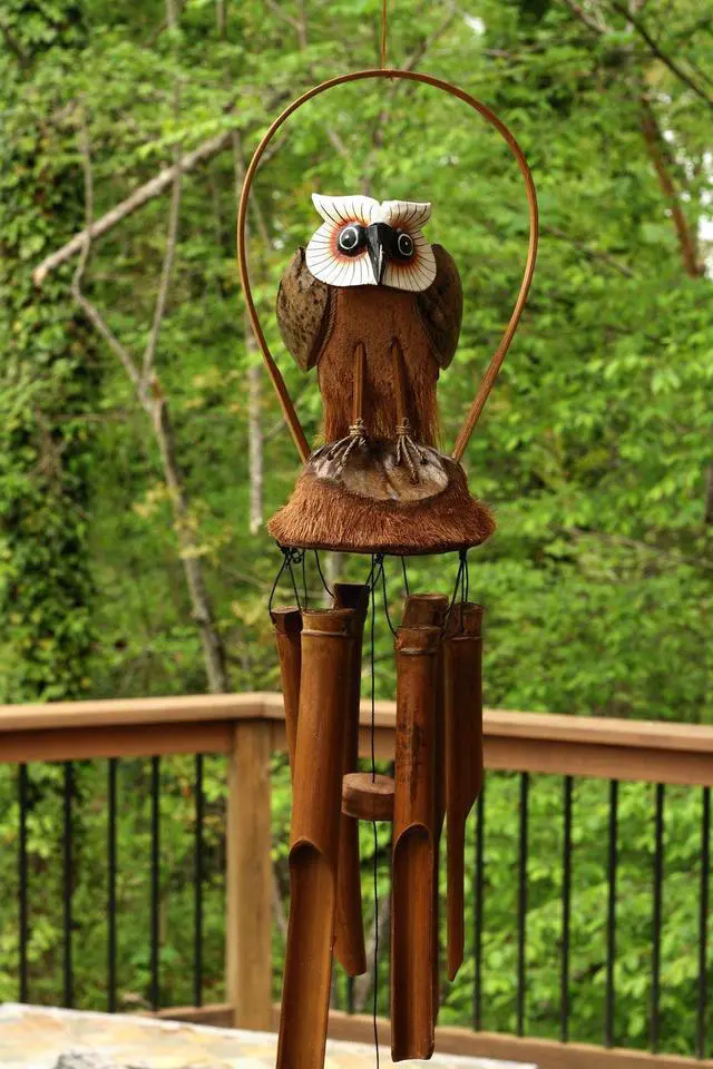 Alt view image 3 of 4 - G6 COLLECTION Handmade Wooden Standing Owl Bamboo Wind Chime Wood Statue Figurine Hoot Sculpture Art Rustic Patio Garden Outdoor Decor Handcrafted Decoration