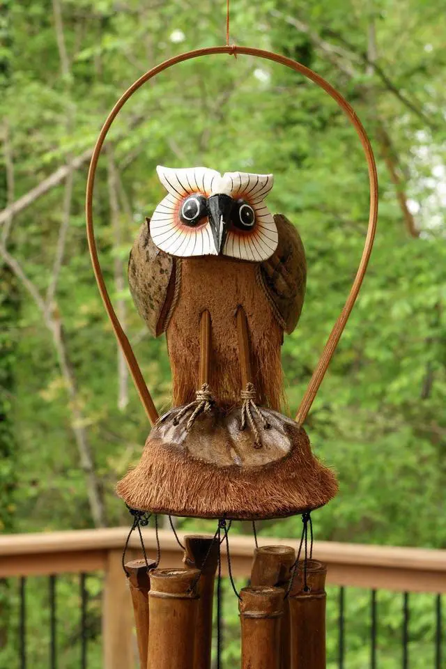Main image of G6 COLLECTION Handmade Wooden Standing Owl Bamboo Wind Chime Wood Statue Figurine Hoot Sculpture Art Rustic Patio Garden Outdoor Decor Handcrafted Decoration