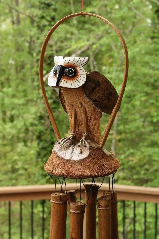 Alt view image 2 of 4 - G6 COLLECTION Handmade Wooden Standing Owl Bamboo Wind Chime Wood Statue Figurine Hoot Sculpture Art Rustic Patio Garden Outdoor Decor Handcrafted Decoration