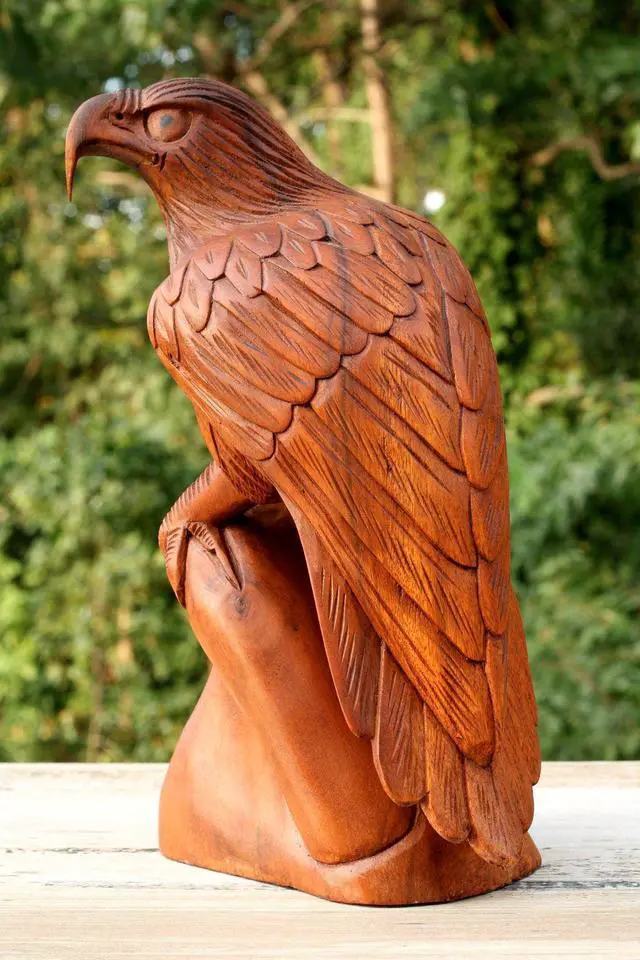 Main image of G6 COLLECTION 12" Large Big Solid Wooden Handmade American Eagle Statue Handcrafted Figurine Sculpture Art Hand Carved Rustic Lodge Outdoor Home Decor Us Accent