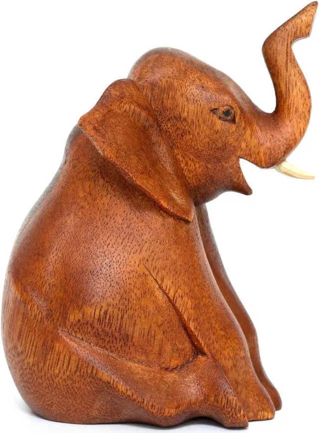 Alt view image 4 of 6 - G6 COLLECTION Wooden Hand Carved Sitting Elephant Statue Figurine Sculpture Art Decorative Rustic Home Decor Accent Handmade Handcrafted Decoration Wood
