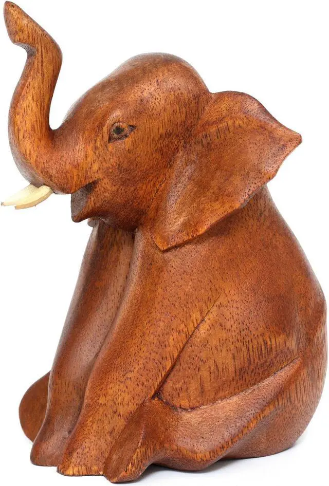Alt view image 2 of 6 - G6 COLLECTION Wooden Hand Carved Sitting Elephant Statue Figurine Sculpture Art Decorative Rustic Home Decor Accent Handmade Handcrafted Decoration Wood